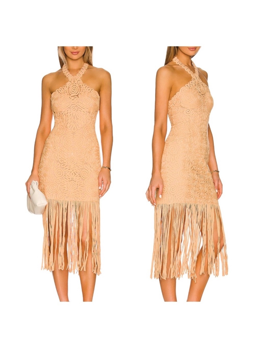 Jonathan Simkhai Beige Crochet Fringe Midi Dress